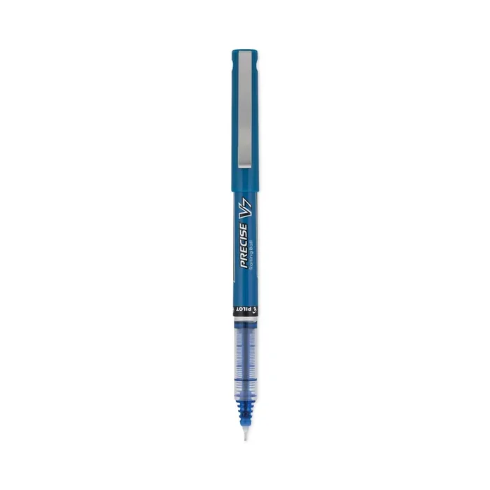 Pilot® Precise V7 Rollerball Pen, Stick, Fine 0.7 mm, Blue Ink, Blue/Clear Barrel, Dozen