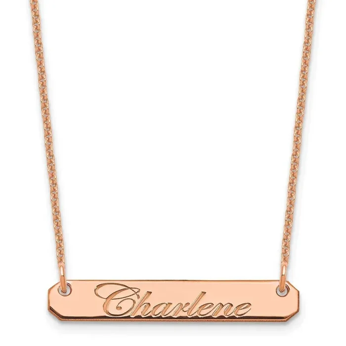 Polished Edwardian Script Bar Necklace 14k Rose Gold Small XNA1215R