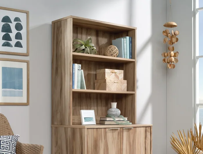 Portage Park Library Hutch in Kiln Acacia – Expandable 2-Shelf Hutch with Adjustable Shelves for Bookcase or Lateral File by Sauder