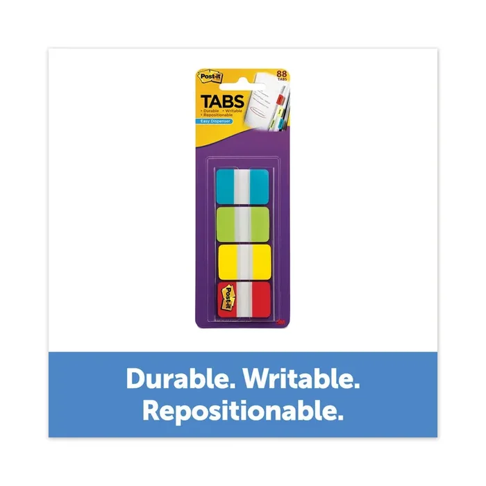 Post-it® 1″ Wide Tabs With Dispenser, Aqua, Lime, Red, Yellow, 88/pack