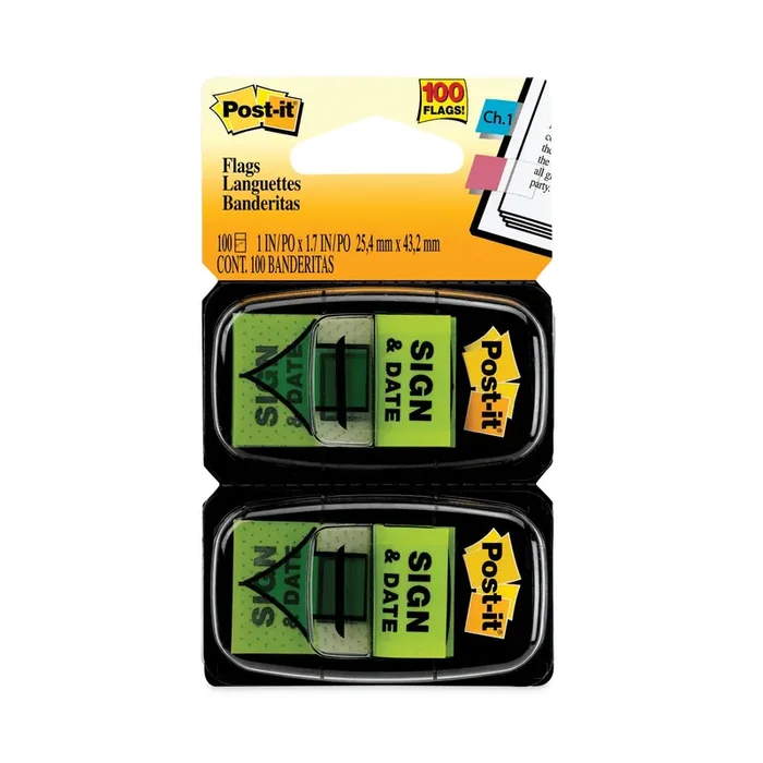 Post-it® Flags Arrow Message 1″ Page Flags, “Sign and Date”, Green, 50 Flags/Dispenser, 2 Dispensers/Pack