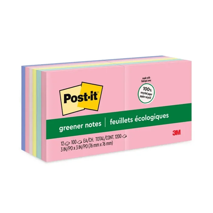 Post-it® Greener Notes Original Recycled Note Pads, 3″ x 3″, Sweet Sprinkles Collection Colors, 100 Sheets/Pad, 12 Pads/Pack