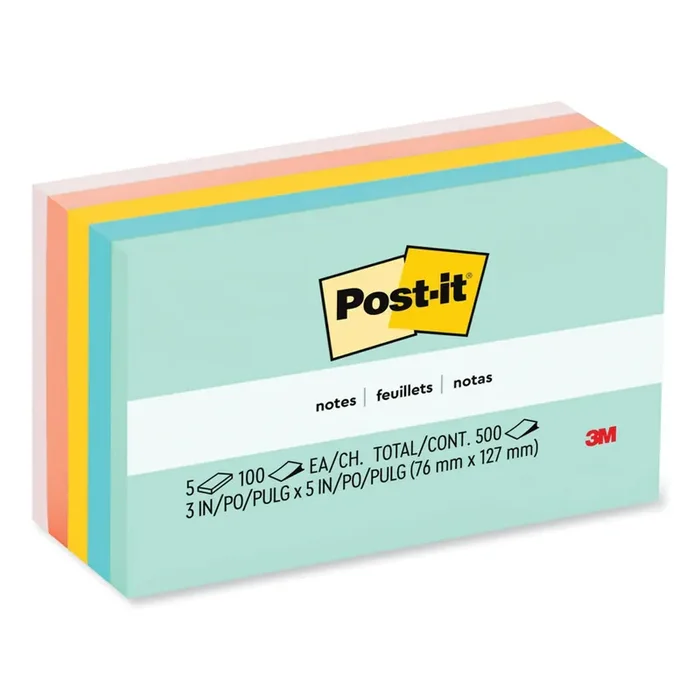 Post-it® Notes Original Pads in Beachside Cafe Collection Colors, 3″ x 5″, 100 Sheets/Pad, 5 Pads/Pack