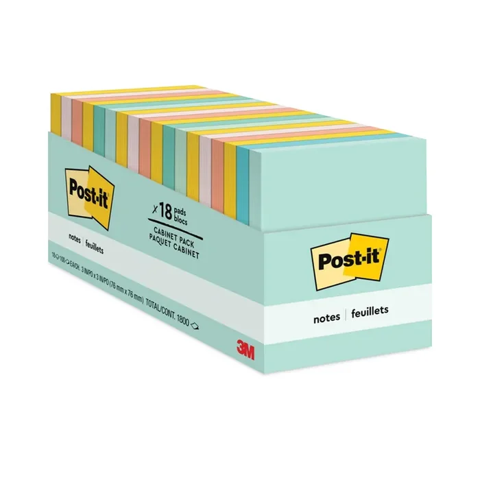Post-it® Notes Original Pads in Beachside Cafe Collection Colors, Cabinet Pack, 3″ x 3″, 100 Sheets/Pad, 18 Pads/Pack