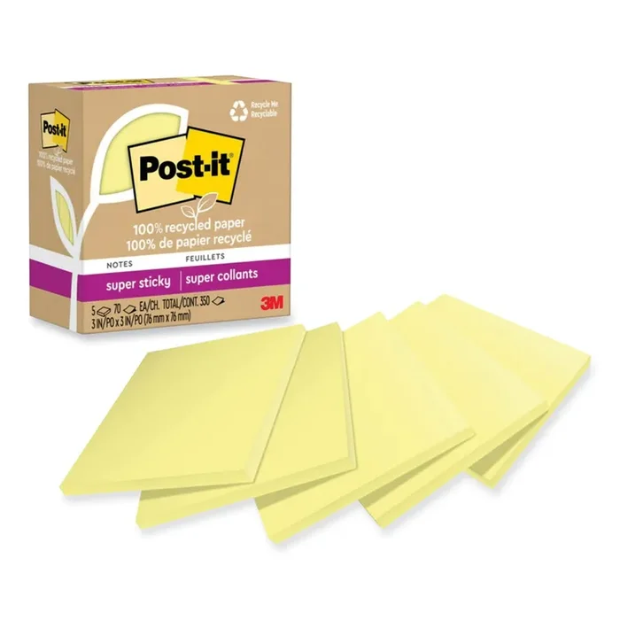 Post-it® Notes Super Sticky 100% Recycled Paper Super Sticky Notes, 3″ x 3″, Canary Yellow, 70 Sheets/Pad, 5 Pads/Pack