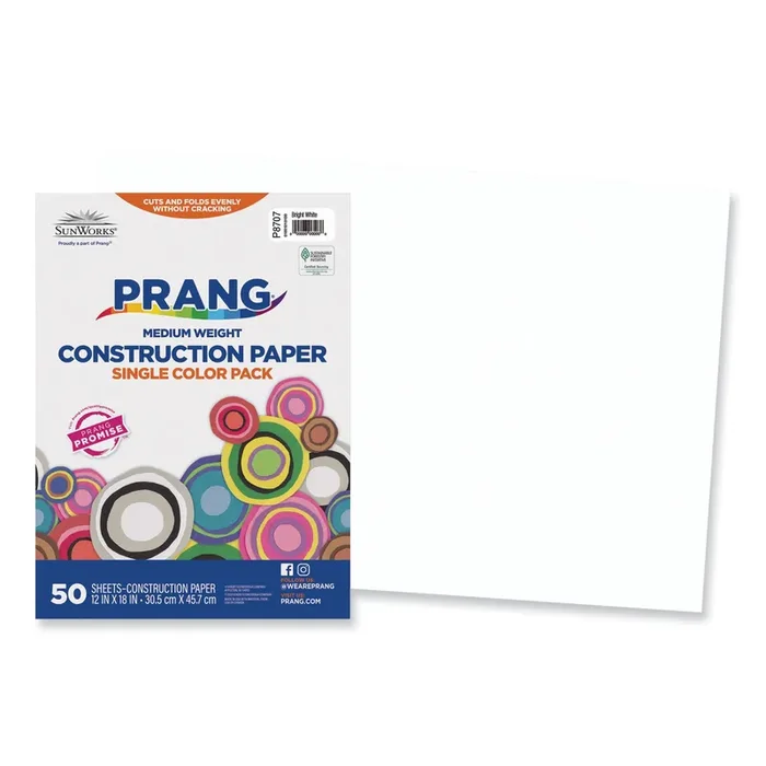 Prang® SunWorks Construction Paper, 50 lb Text Weight, 12 x 18, Bright White, 50/Pack