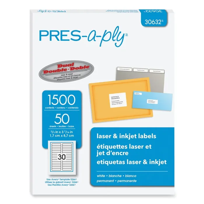 PRES-a-ply® Labels, 0.66 X 3.44, White, 30/sheet, 50 Sheets/box
