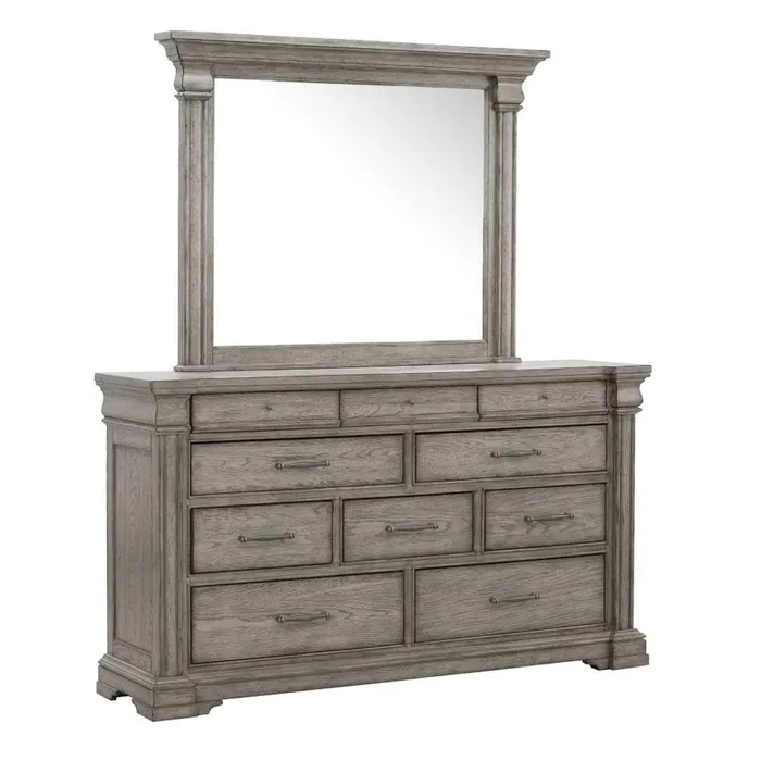 Pulaski – Madison Ridge 10 Drawer Dresser and Framed Mirror in Heritage Taupe – P091-BR-K7