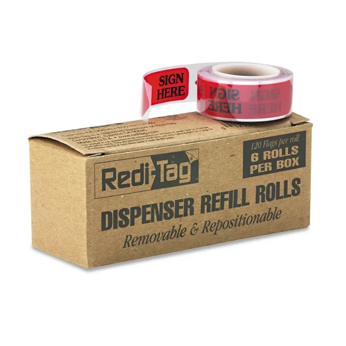 Redi-Tag® Arrow Message Page Flag Refills, “Sign Here”, Red, 120 Flags/Roll, 6 Rolls