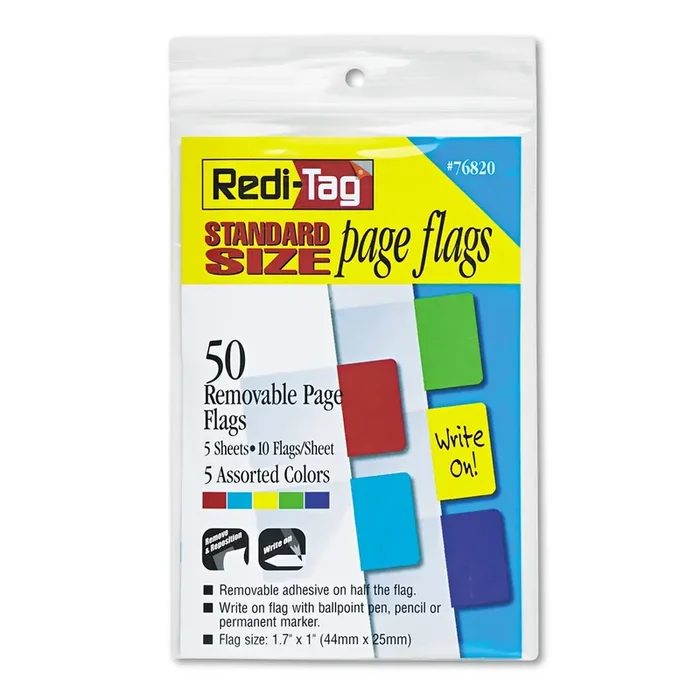 Redi-Tag® Removable Page Flags, Red/blue/green/yellow/purple, 10/color, 50/pack