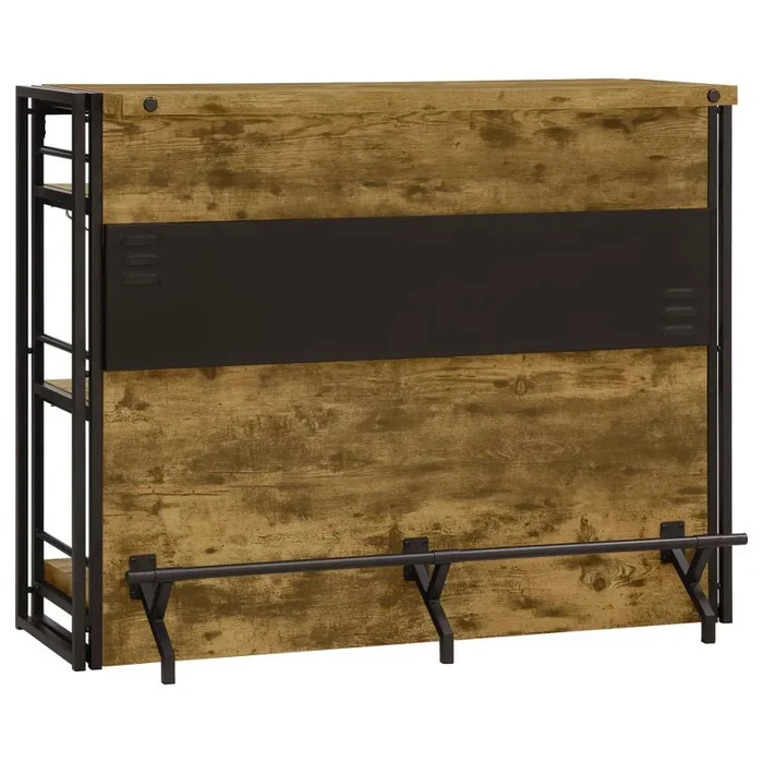 Renaldi 3-Shelf Home Bar Wine Cabinet – Rustic Nutmeg Industrial Style with Stemware Racks, Open Shelving, Footrest for Kitchen or Lounge Entertaining