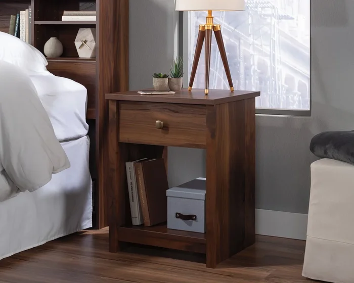 River Ranch Nightstand – Grand Walnut Finish, 1 Drawer with Open Shelf, Farmhouse Style, T-Slot Assembly, Qi Charger Compatible