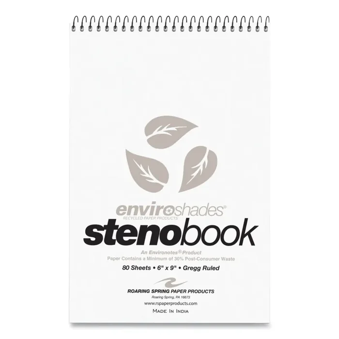 Roaring Spring® Enviroshades Steno Notepad, Gregg Rule, White Cover, 80 Gray 6 X 9 Sheets, 4/pack