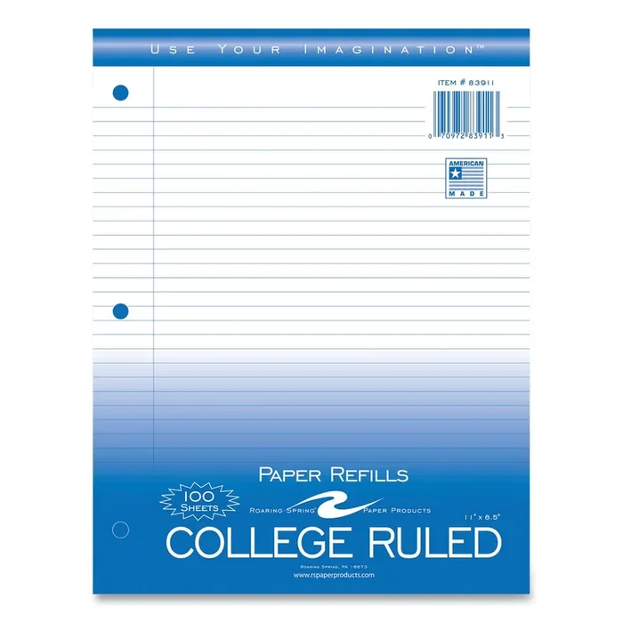 Roaring Spring® Notebook Filler Paper, 3-Hole, 8.5 X 11, College Rule, 100/pack