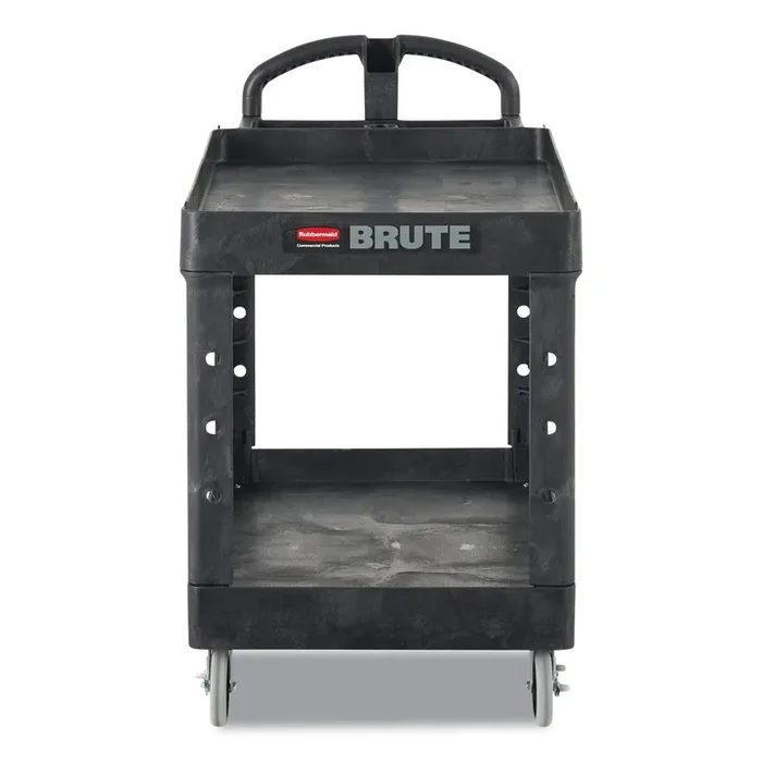 Rubbermaid® Commercial BRUTE Heavy-Duty Utility Cart with Lipped Shelves, Plastic, 2 Shelves, 500 lb Capacity, 17.13″ x 38.5″ x 38.88″, Black