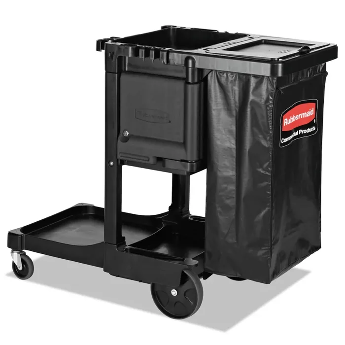 Rubbermaid® Commercial Executive Janitorial Cleaning Cart, Plastic, 4 Shelves, 1 Bin, 12.1″ x 22.4″ x 23″, Black