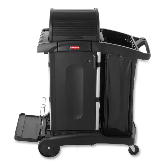 Rubbermaid® Commercial High-Security Healthcare Cleaning Cart, Metal, 4 Shelves, 1 Bin, 22″ x 48.25″ x 53.5″, Black