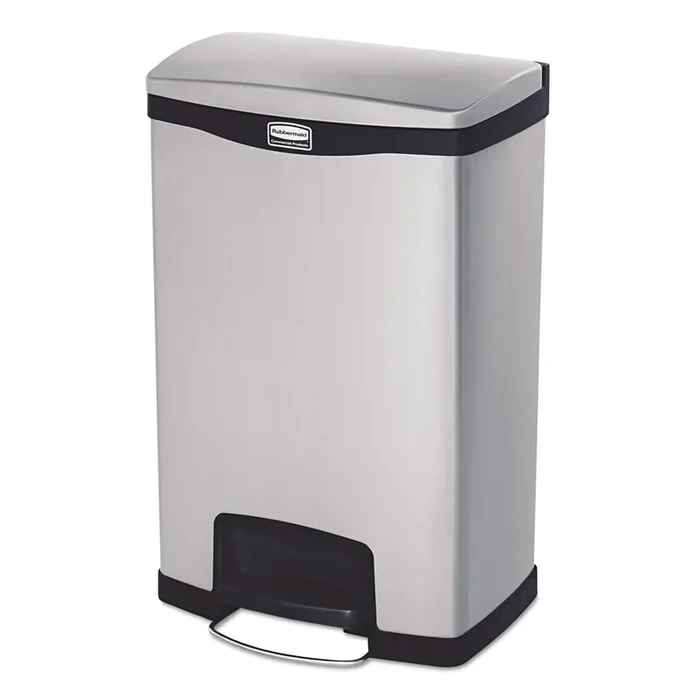Rubbermaid® Commercial Slim Jim Stainless Steel Step-On Container, Front Step Style, 13 gal, Stainless Steel, Black