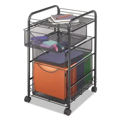 Safco® Onyx Mesh Mobile File with Two Supply Drawers, Metal, 1 Shelf, 3 Drawers, 15.75″ x 17″ x 27″, Black