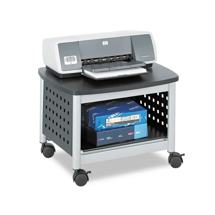 Safco® Scoot Under-Desk Printer Stand, Metal, 2 Shelves, 100 lb Capacity, 20.25″ x 16.5″ x 14.5″, Black/Silver