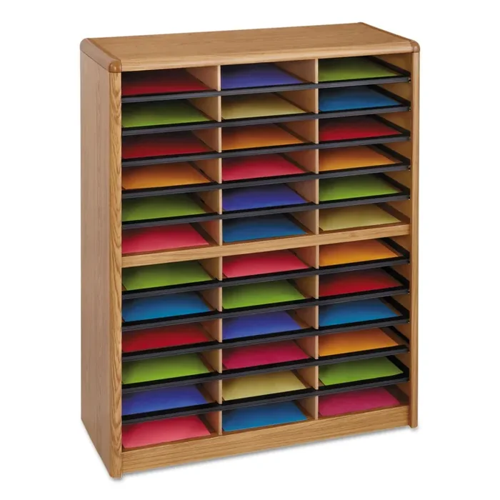 Safco® Steel/Fiberboard Literature Sorter, 36 Compartments, 32.25 x 13.5 x 38, Oak