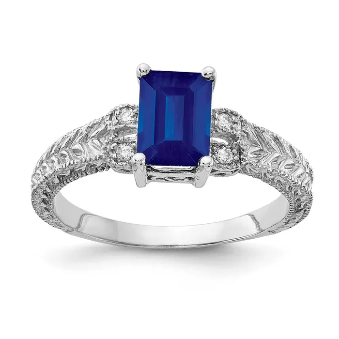 Sapphire Diamond Ring 14k white Gold 7x5mm Emerald Cut Y2266S/A