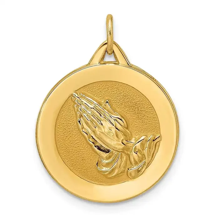 Satin Solid Praying Hands Disc Pendant 14k Gold Polished XR1949