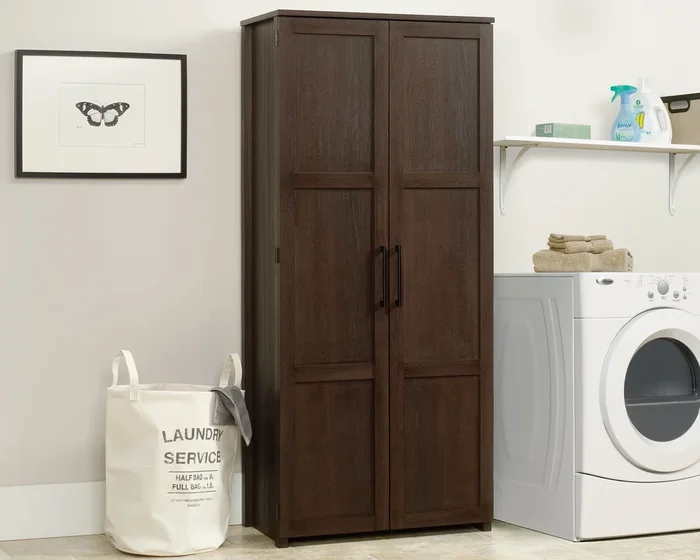 Sauder HomePlus Storage Cabinet in Dakota Oak – 4 Fixed Shelves Behind Double Doors for Kitchen, Pantry, or Utility Room