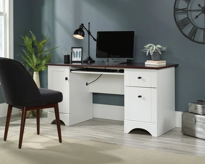 Sauder Select Computer Desk in Soft White & Select Cherry – Home Office Desk with Slide-Out Keyboard Shelf, Storage, and Cord Management Solution