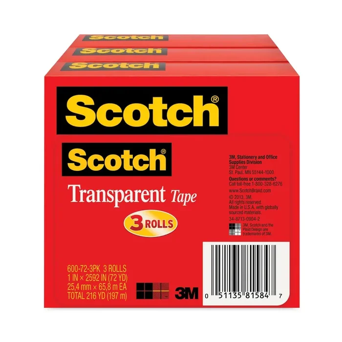 Scotch® Transparent Tape, 3″ Core, 1″ X 72 Yds, Transparent, 3/pack