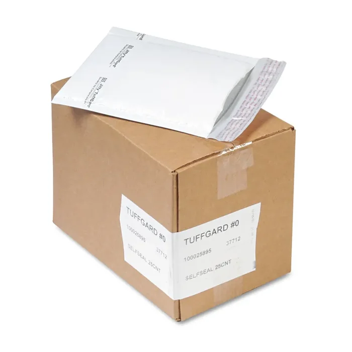 Sealed Air Jiffy TuffGard Self-Seal Cushioned Mailer, 0, Barrier Bubble Air Cell Cushion, Self-Adhesive Closure, 6 x 10, White, 25/CT
