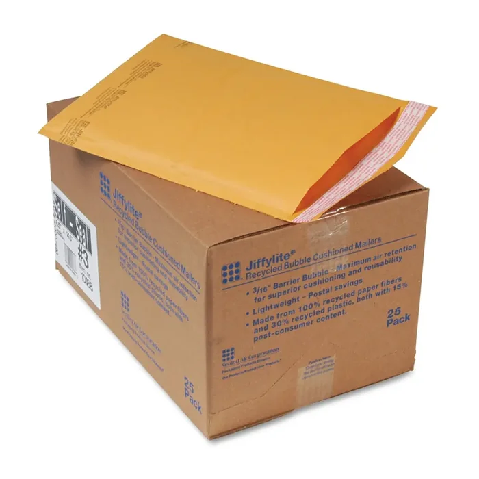 Sealed Air Jiffylite Self-Seal Bubble Mailer, 3, Barrier Bubble Air Cell Cushion, Self-Adhesive Closure, 8.5 x 14.5, Brown Kraft, 25/CT