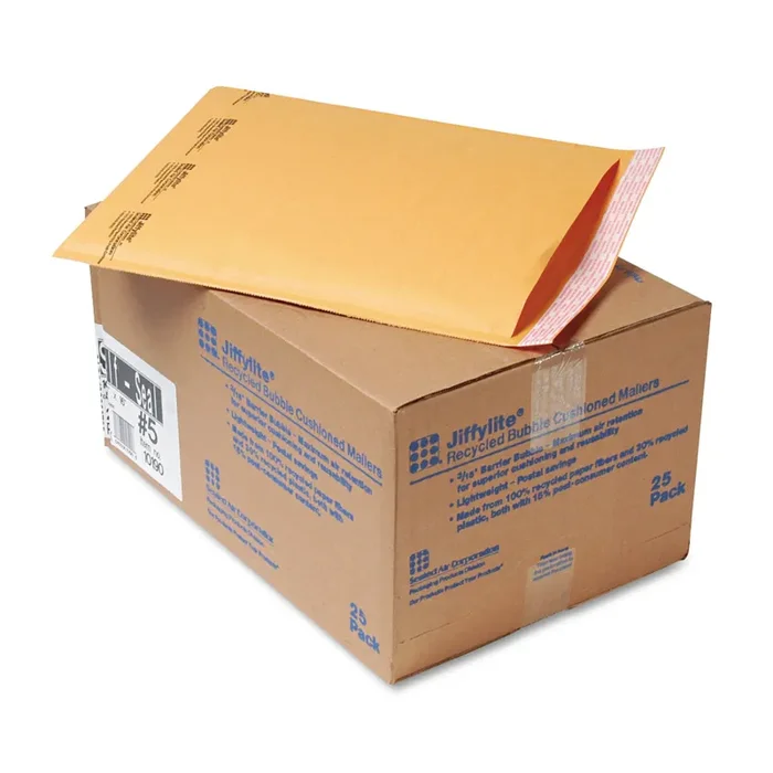 Sealed Air Jiffylite Self-Seal Bubble Mailer, 5, Barrier Bubble Air Cell Cushion, Self-Adhesive Closure, 10.5 x 16, Brown Kraft, 25/CT