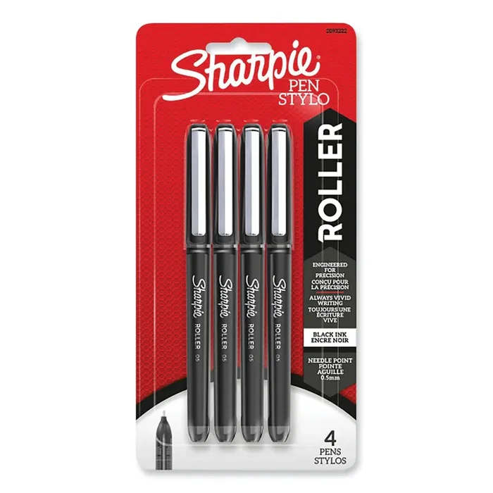 Sharpie® Roller Professional Design Rollerball Pen, Stick, Fine 0.5 mm, Black Ink, Black Barrel, 4/Pack