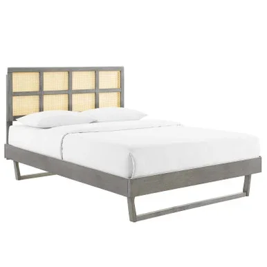Sidney Cane and Wood Queen Platform Bed With Angular Legs / MOD-6369