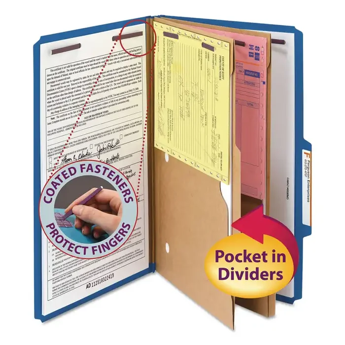 Smead 6-Section Pressboard Top Tab Pocket Classification Folders, 6 SafeSHIELD Fasteners, 2 Dividers, Legal Size, Dark Blue, 10/Box