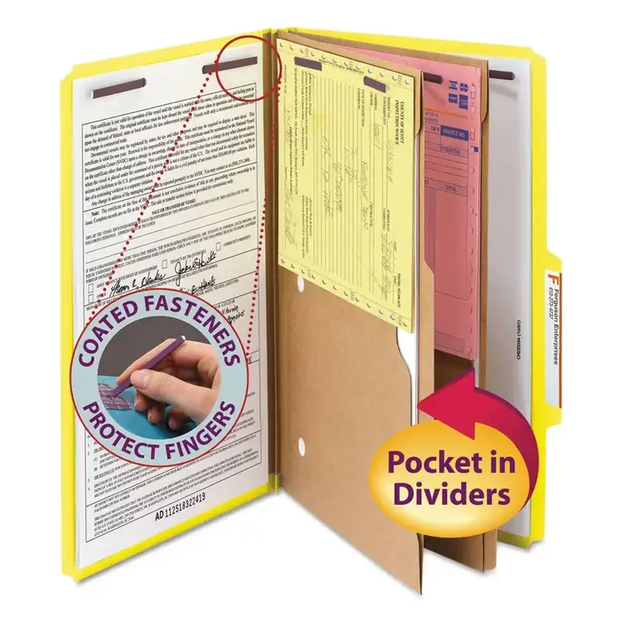Smead 6-Section Pressboard Top Tab Pocket Classification Folders, 6 SafeSHIELD Fasteners, 2 Dividers, Legal Size, Yellow, 10/Box