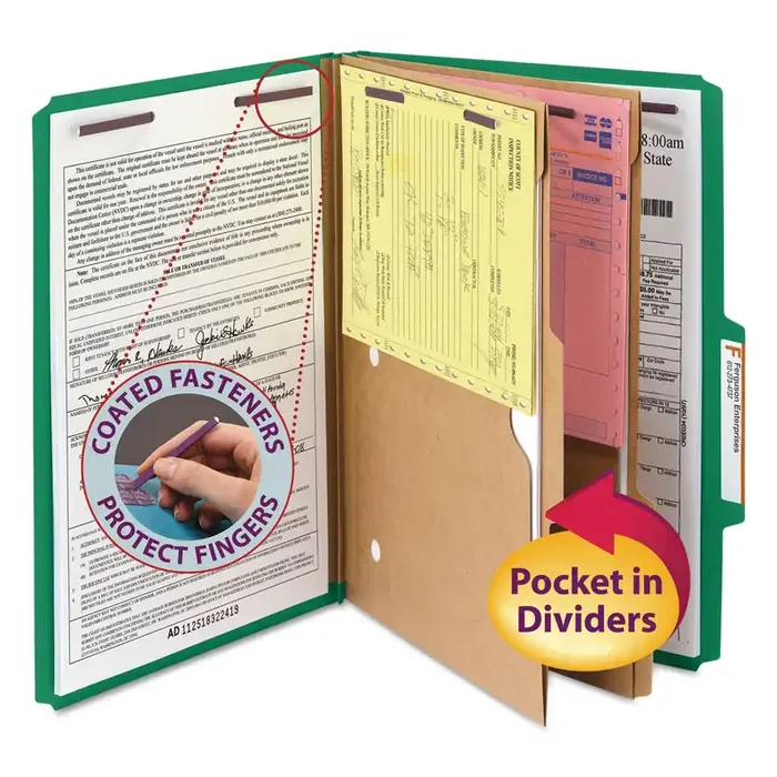Smead 6-Section Pressboard Top Tab Pocket Classification Folders, 6 SafeSHIELD Fasteners, 2 Dividers, Legal Size, Green, 10/Box