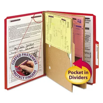 Smead 6-Section Pressboard Top Tab Pocket Classification Folders, 6 SafeSHIELD Fasteners, 2 Dividers, Letter Size, Bright Red,10/BX