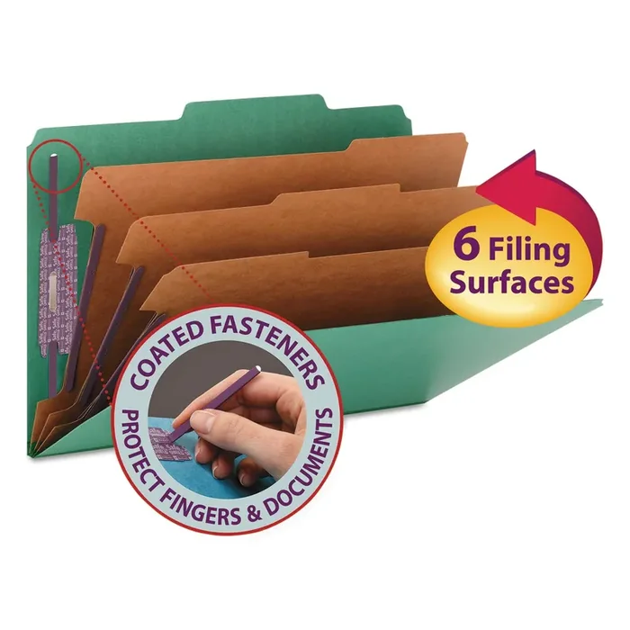 Smead Eight-Section Pressboard Top Tab Classification Folders, Eight SafeSHIELD Fasteners, 3 Dividers, Legal Size, Green, 10/Box