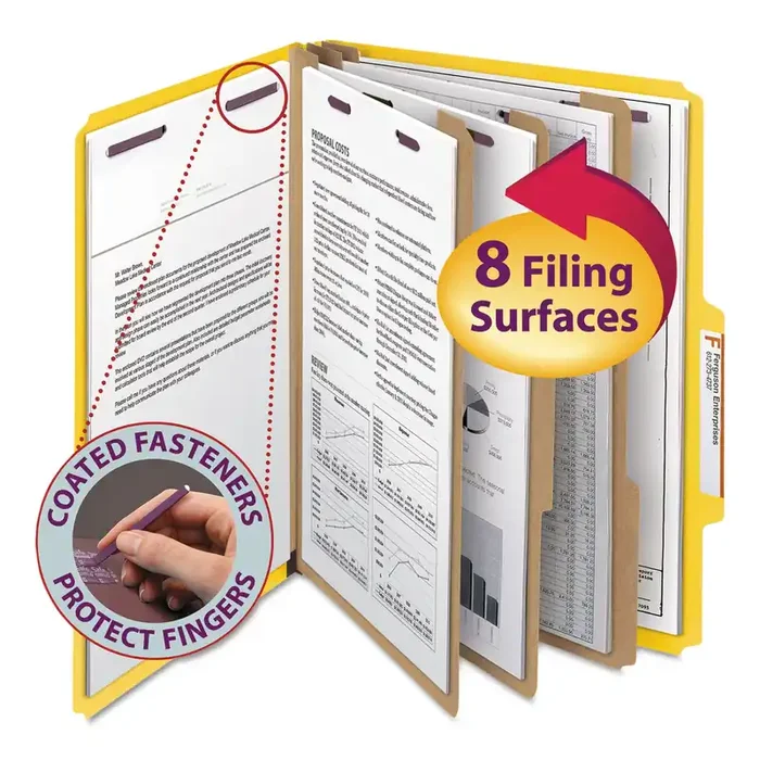 Smead Eight-Section Pressboard Top Tab Classification Folders, Eight SafeSHIELD Fasteners, 3 Dividers, Letter Size, Yellow, 10/Box