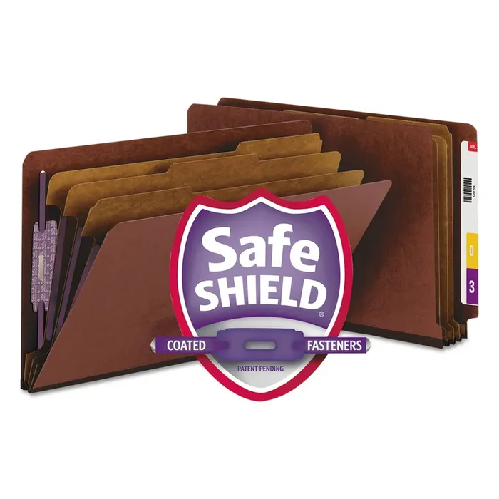 Smead End Tab Pressboard Classification Folders, Eight SafeSHIELD Fasteners, 3″ Expansion, 3 Dividers, Legal Size, Red, 10/Box