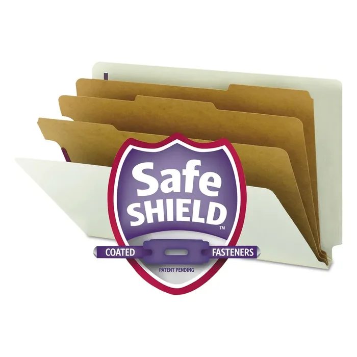 Smead End Tab Pressboard Classification Folders, Eight SafeSHIELD Fasteners, 3″ Expansion, 3 Dividers, Legal Size, Gray-Green,10/BX