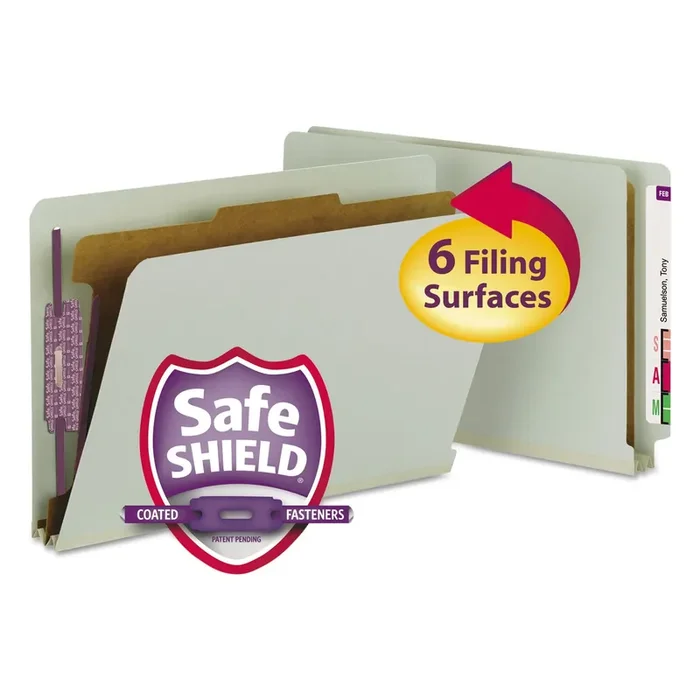 Smead End Tab Pressboard Classification Folders, Four SafeSHIELD Fasteners, 2″ Expansion, 1 Divider, Legal Size, Gray-Green, 10/Box