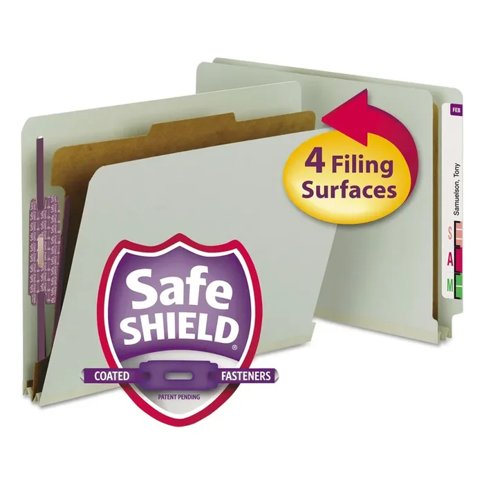 Smead End Tab Pressboard Classification Folders, Four SafeSHIELD Fasteners, 2″ Expansion, 1 Divider, Letter Size, Gray-Green, 10/BX