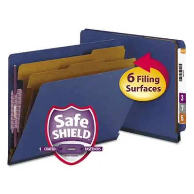 Smead End Tab Pressboard Classification Folders, Six SafeSHIELD Fasteners, 2″ Expansion, 2 Dividers, Letter Size, Dark Blue, 10/Box