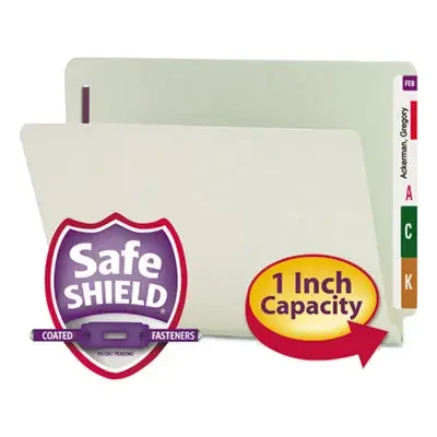 Smead End Tab Pressboard Classification Folders, Two SafeSHIELD Coated Fasteners, 1″ Expansion, Letter Size, Gray-Green, 25/Box