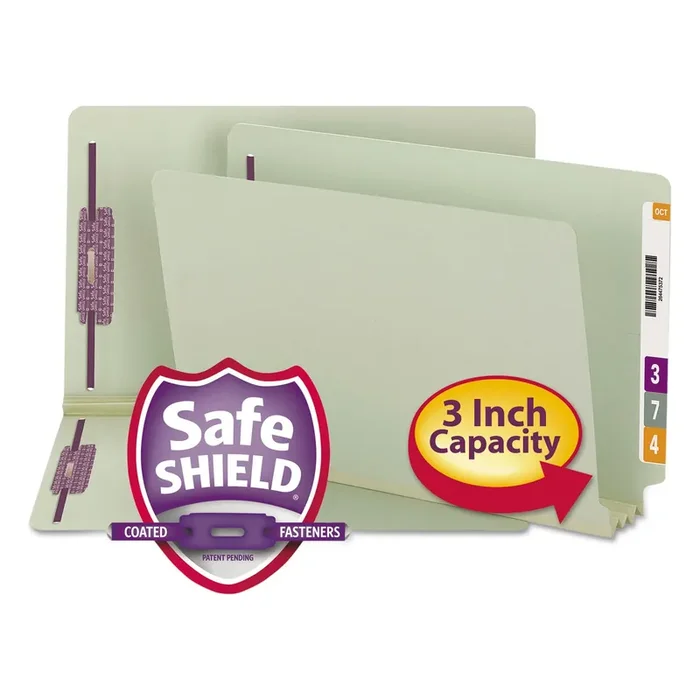 Smead End Tab Pressboard Classification Folders, Two SafeSHIELD Coated Fasteners, 3″ Expansion, Legal Size, Gray-Green, 25/Box