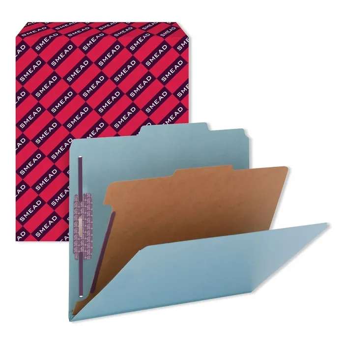 Smead Four-Section Pressboard Top Tab Classification Folders, Four SafeSHIELD Fasteners, 1 Divider, Letter Size, Blue, 10/Box