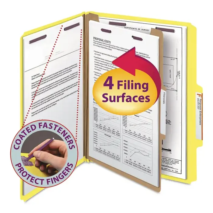 Smead Four-Section Pressboard Top Tab Classification Folders, Four SafeSHIELD Fasteners, 1 Divider, Letter Size, Yellow, 10/Box